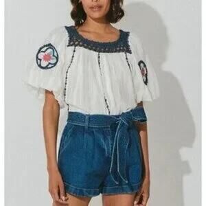 Cleobella Navi Organic Cotton Crochet Trim Puff Sleeve Blouse Top White Navy XS